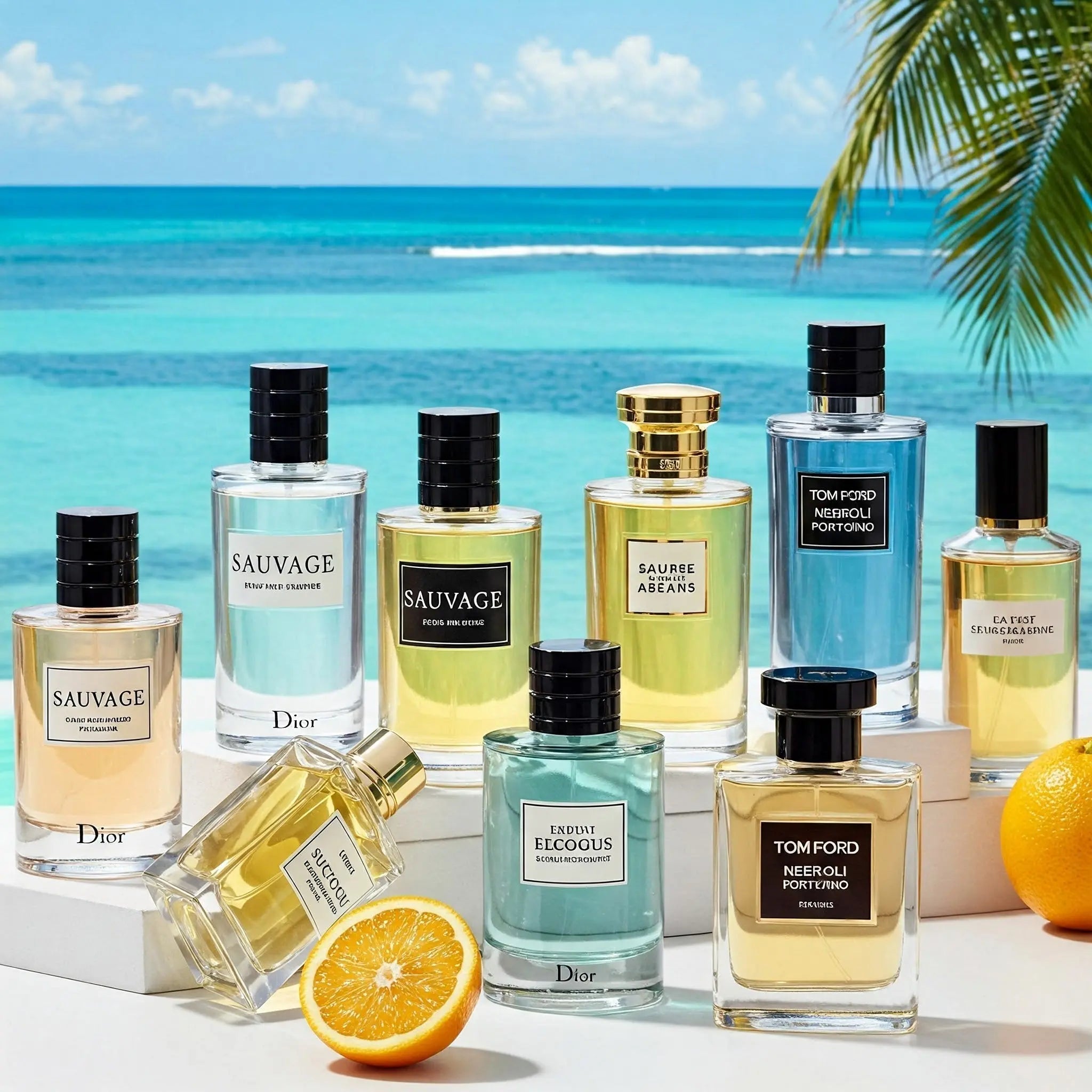 "مجموعة عطور رجالية صيفية مثل Dior Sauvage وTom Ford Neroli مع خلفية صيفية منعشة"