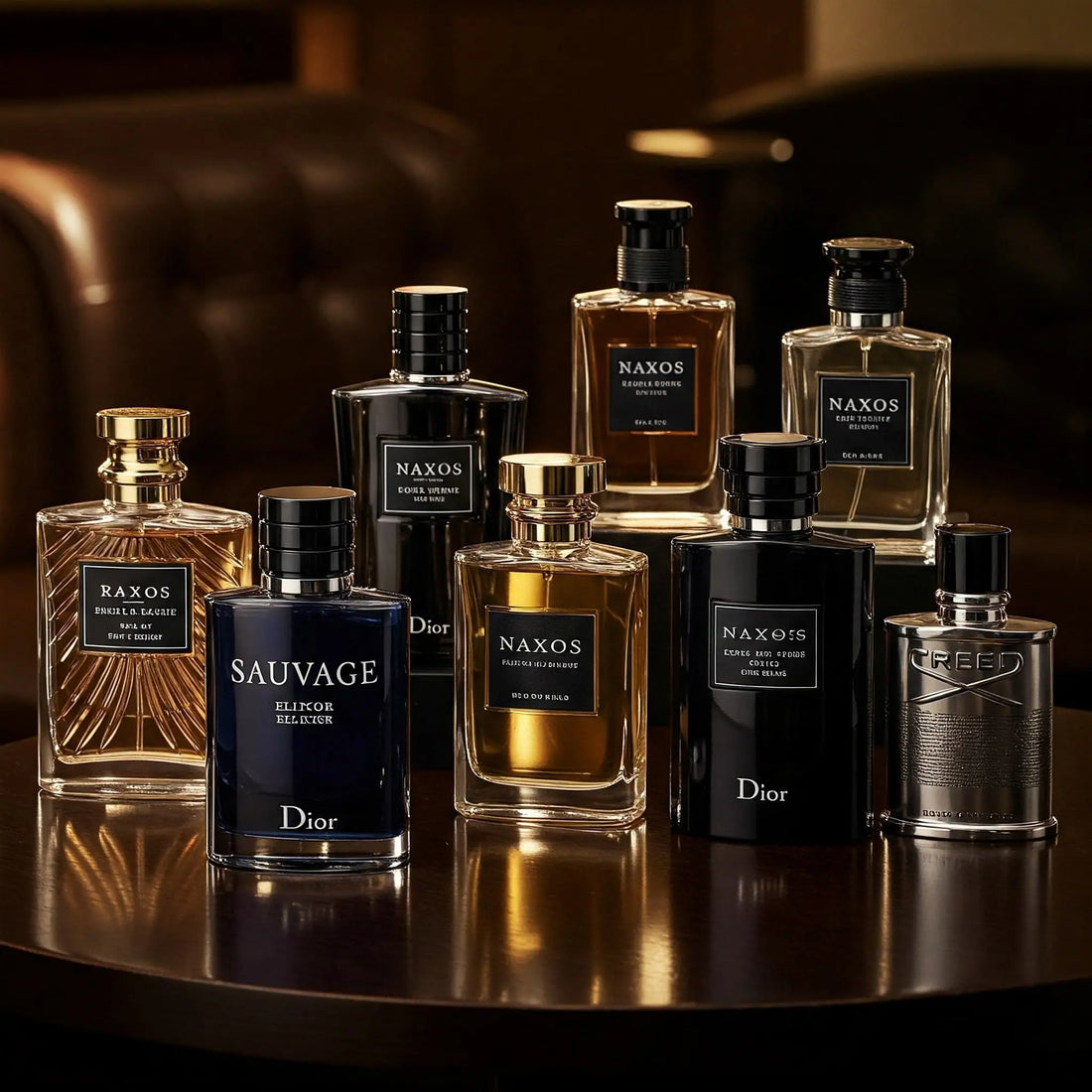 "زجاجات لعطور رجالية مشهورة مثل Sauvage Elixir وNaxos وAventus تشير إلى الأداء القوي والثبات"