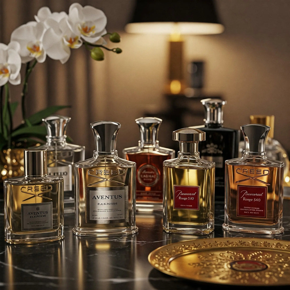 "مجموعة من زجاجات العطور الرجالية والـUnisex الفاخرة مثل Aventus وBaccarat Rouge"