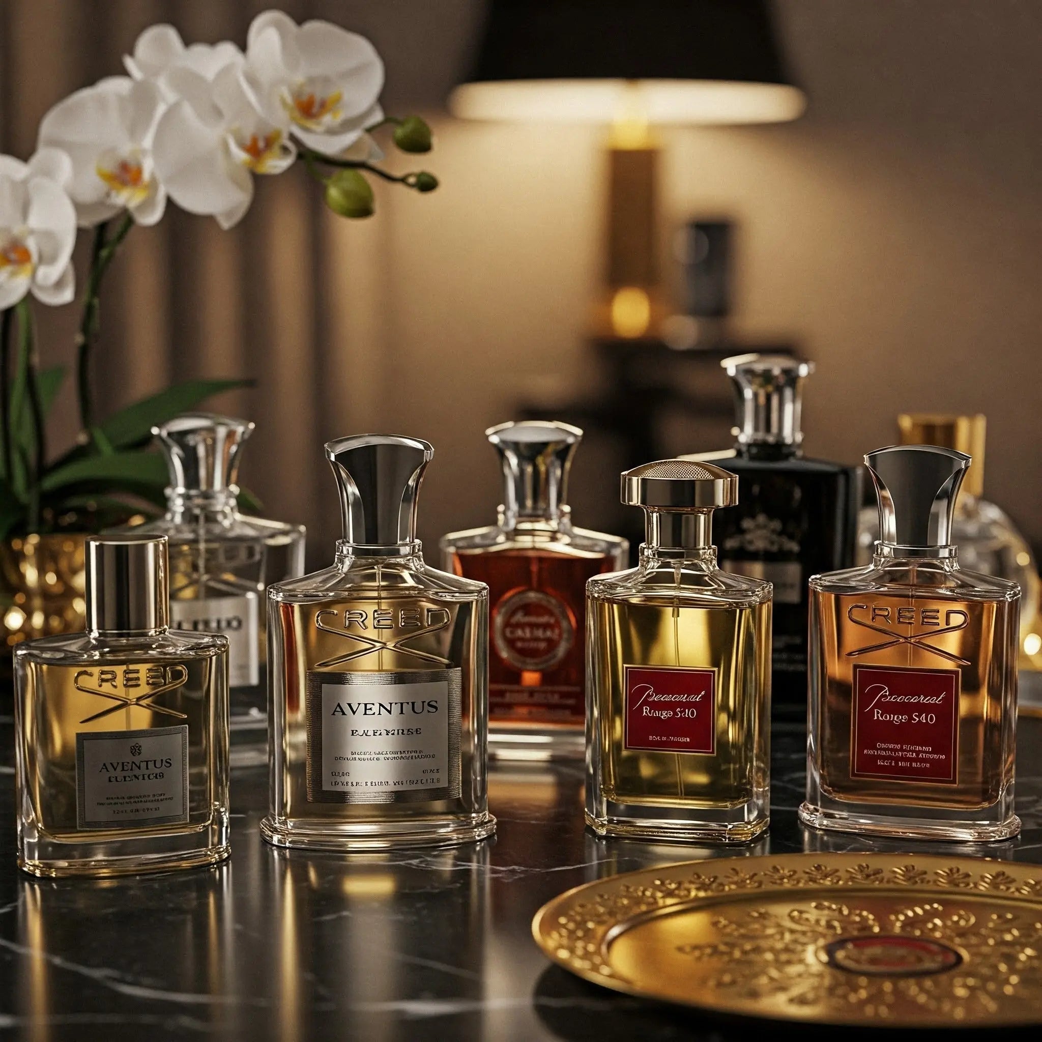 "مجموعة من زجاجات العطور الرجالية والـUnisex الفاخرة مثل Aventus وBaccarat Rouge"