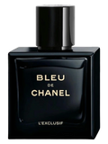 Chanel Bleu de Chanel L'Exclusif fragrance bottle in glossy black glass with gold lettering, set against a plain white background.