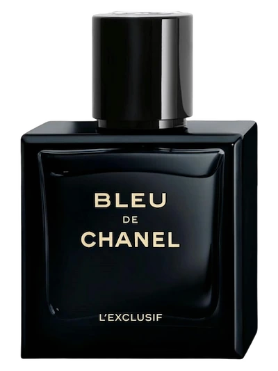 Chanel Bleu de Chanel L'Exclusif fragrance bottle in glossy black glass with gold lettering, set against a plain white background.
