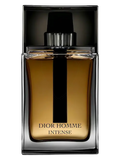 Dior Homme Intense Eau de Toilette bottle, featuring a dark amber-brown liquid inside a clear glass bottle with a bold black vertical stripe and a black cap, set against a plain white background.