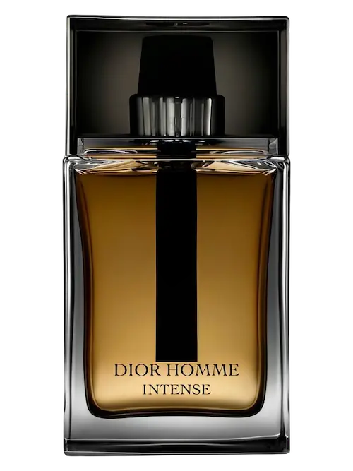 Dior Homme Intense Eau de Toilette bottle, featuring a dark amber-brown liquid inside a clear glass bottle with a bold black vertical stripe and a black cap, set against a plain white background.