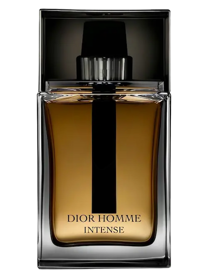Dior Homme Intense Eau de Toilette bottle, featuring a dark amber-brown liquid inside a clear glass bottle with a bold black vertical stripe and a black cap, set against a plain white background.
