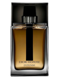 Dior Homme Intense Eau de Toilette bottle, featuring a dark amber-brown liquid inside a clear glass bottle with a bold black vertical stripe and a black cap, set against a plain white background.