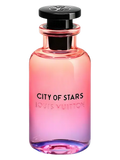 Louis Vuitton City of Stars perfume bottle with a pink-to-purple gradient glass body and a black cap, shown on a white background.
