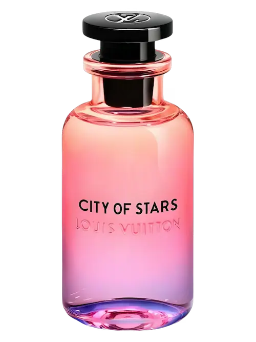 Louis Vuitton City of Stars perfume bottle with a pink-to-purple gradient glass body and a black cap, shown on a white background.