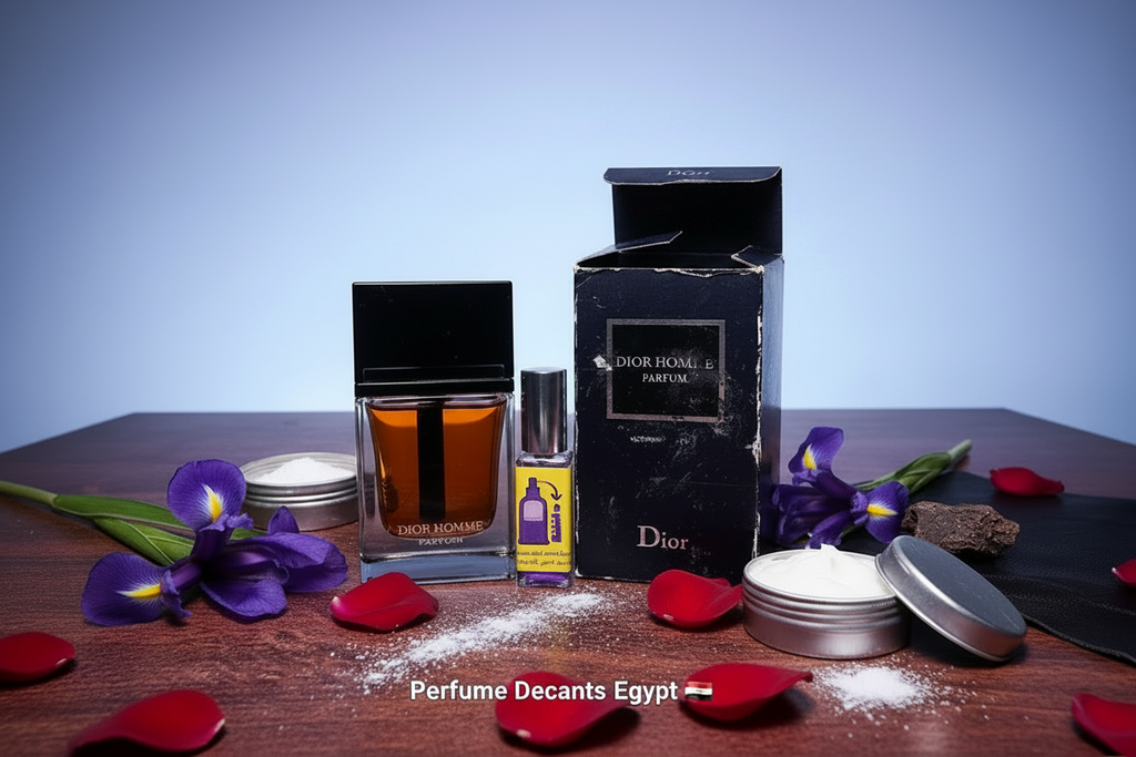 Dior Homme Parfum Old batch....decant bottles and packaging arranged on a wooden surface with red flower petals, purple iris flowers, and white powder. Visible products include a Dior Sauvage bottle, a Dior Ambre de Marly box, and a small Dior bottle with a yellow label.