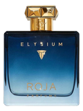 A bottle of Elysium by ROJA PARFUMS fragrance, featuring a blue gradient glass bottle with gold lettering and a metallic gold cap, set against a plain white background.