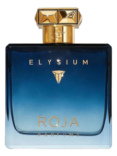 A bottle of Elysium by ROJA PARFUMS fragrance, featuring a blue gradient glass bottle with gold lettering and a metallic gold cap, set against a plain white background.