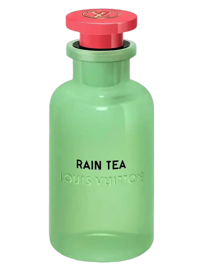 Louis Vuitton Rain Tea perfume bottle in translucent mint green with a bright red cap and black text on a white background.