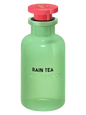 Louis Vuitton Rain Tea perfume bottle in translucent mint green with a bright red cap and black text on a white background.