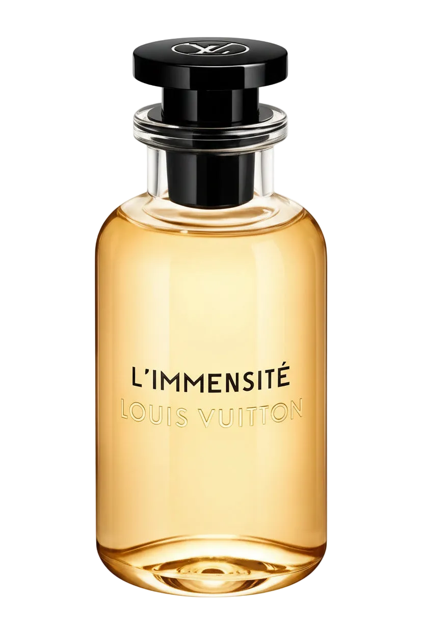Louis Vuitton L'Immensité perfume bottle with amber-colored liquid, a black cap, and silver detailing, set against a solid black background.