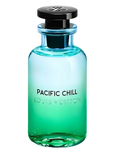 Louis Vuitton Pacific Chill Eau de Toilette bottle, featuring a translucent gradient from light blue to green, with a black cap and silver logo. Decants Egypt 5 10 and 20ML