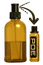 Amber glass bottle with black cap and smaller bottle labeled 'PDE' on a white background 