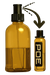 Amber glass bottle with black cap and smaller bottle labeled 'PDE' on a white background 