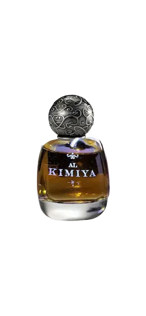 A bottle of Al Kimiya perfume with amber liquid, a clear glass base, and an ornate silver cap, shown against a plain white background.