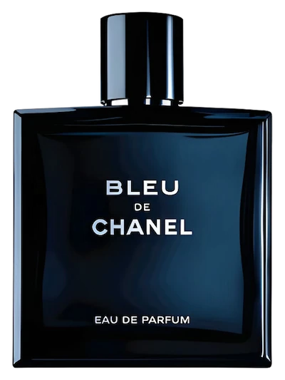 Chanel Bleu de Chanel Eau de Parfum bottle, featuring a dark navy blue glass bottle with a matching black cap, on a plain white background.