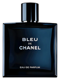 Chanel Bleu de Chanel Eau de Parfum bottle, featuring a dark navy blue glass bottle with a matching black cap, on a plain white background.