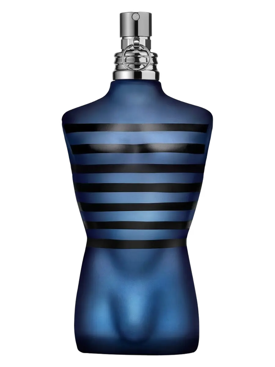 A blue bottle-shaped fragrance spray bottle with horizontal black and light blue stripes on the upper half and a silver atomizer cap, shown on a plain white background.