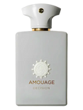 Amouage Decision perfume bottle in a matte light gray color with a white cap and gold lettering on the front.