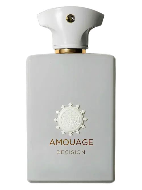 Amouage Decision perfume bottle in a matte light gray color with a white cap and gold lettering on the front.