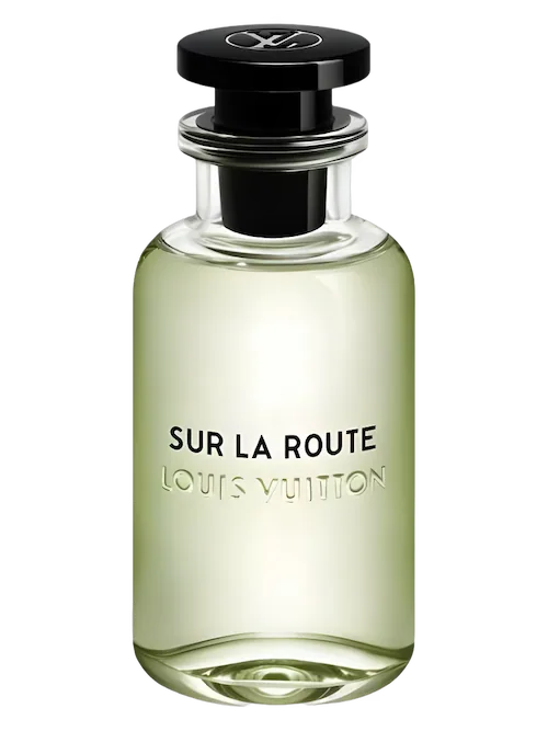 Louis Vuitton Sur La Route perfume bottle with a clear glass body showing pale yellow-green liquid, a black cap, and black lettering on a white background.
Louis Vuitton Sur la Route decant 5ML, 10ML - citrus and fresh-1 fragrance - for men