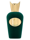 A dark green perfume bottle with a metallic gold cap and a gold oval label reading 'VIBRATO' on a plain white background.