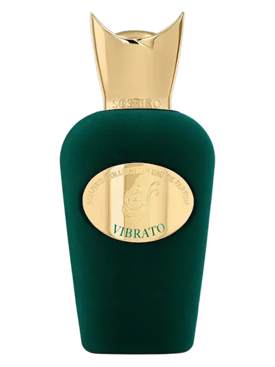 A dark green perfume bottle with a metallic gold cap and a gold oval label reading 'VIBRATO' on a plain white background.